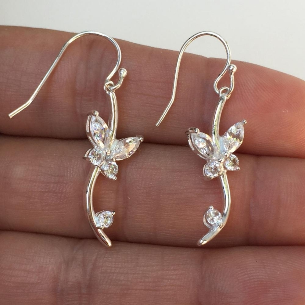 Primrose Solid Sterling Silver 925 CZ Butterfly Flower Dangle Fish Hook Earrings